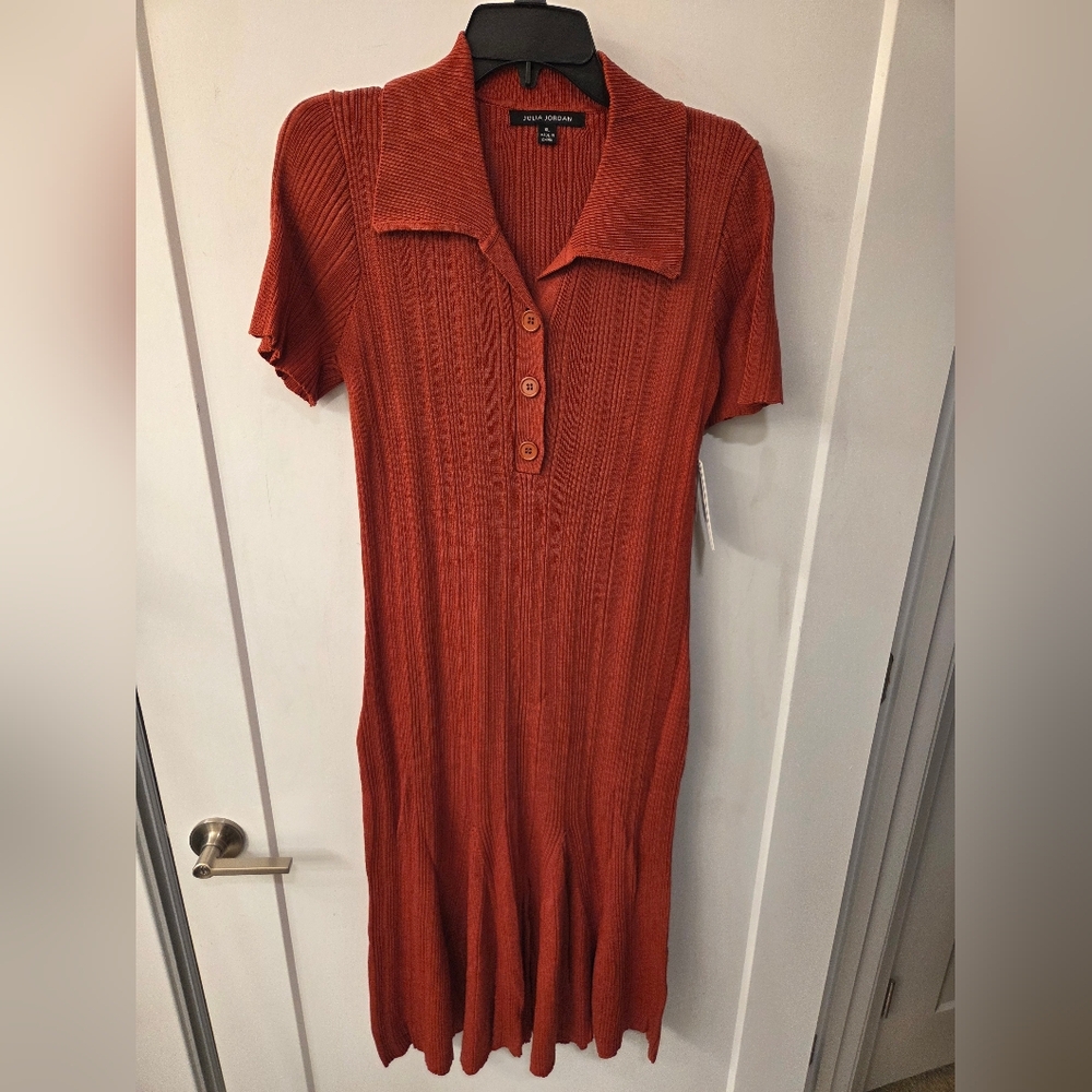 NWT - Julia Jordan Rust Ribbed Knit Collared Quarter Button Midi Dress - Size XL - Picture 3 of 9